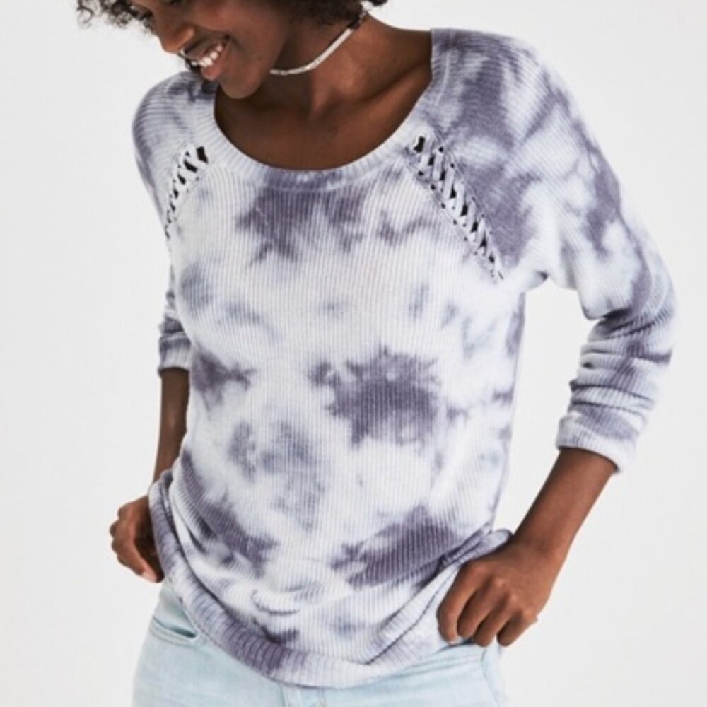 AMERICAN EAGLE Shoulder Stitch Sweater Gray Black ? Tie Dye Boho Crew Neck Boho